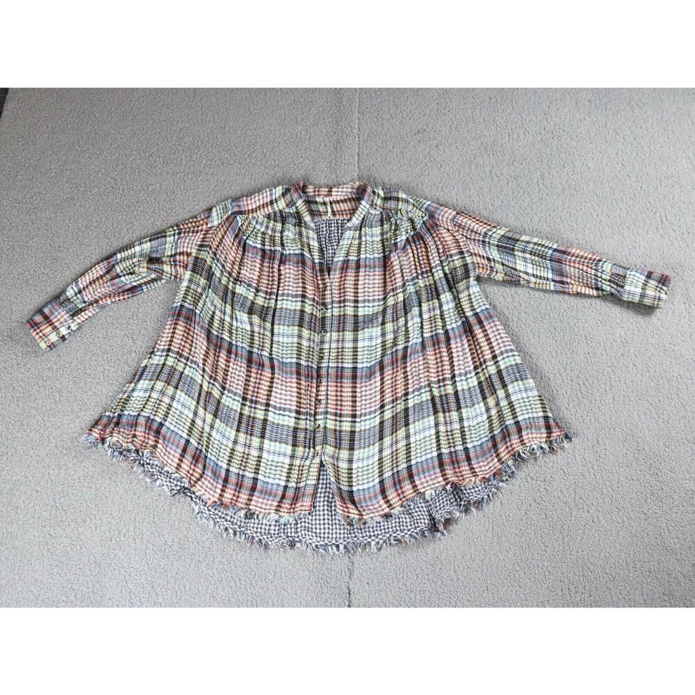 Free People Top Womens Xs Come On Over Plaid Top Button Front Fringe Hem